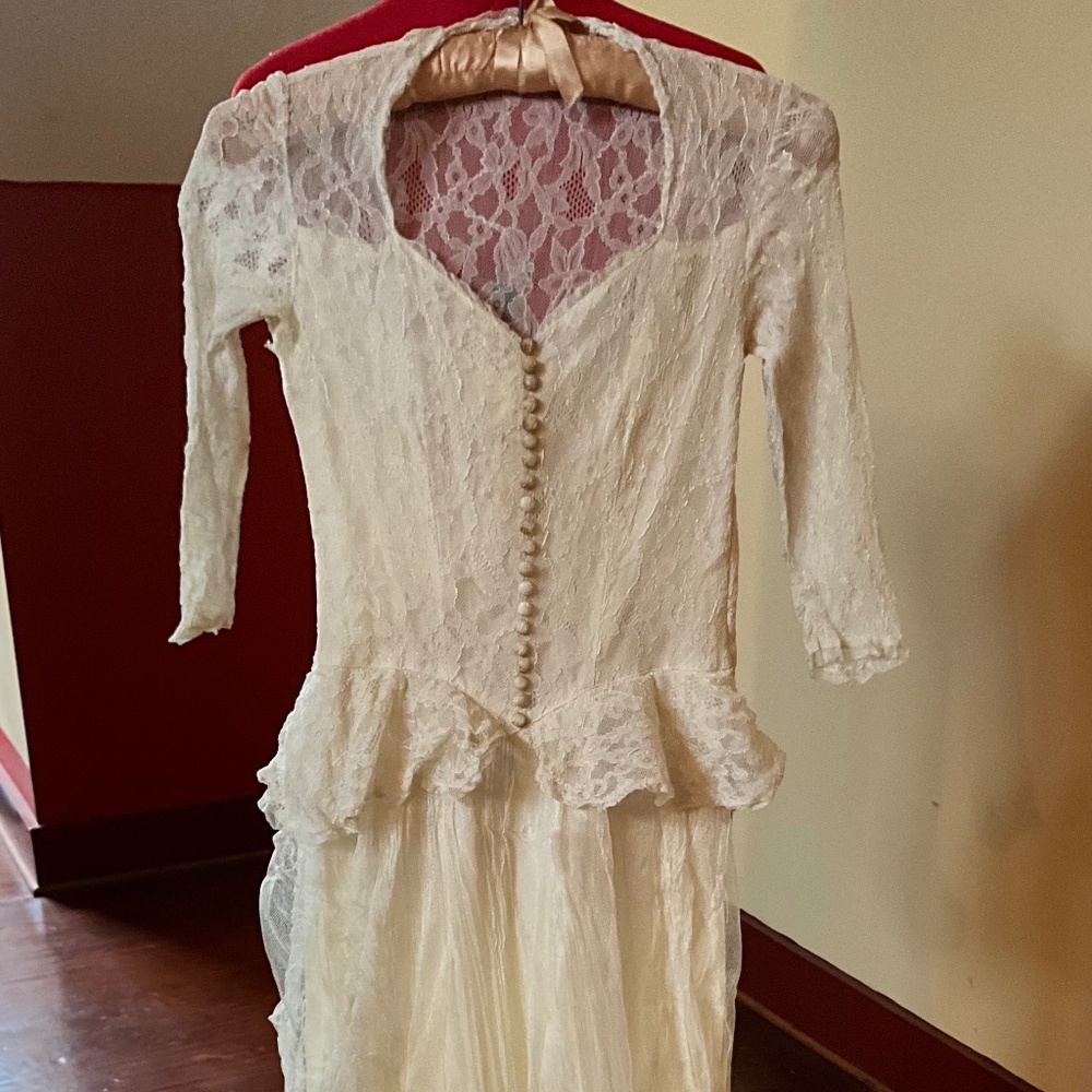 Vintage 1930s Lace Wedding Dress | Handmade Ivory Peplum Gown XS Depression Era